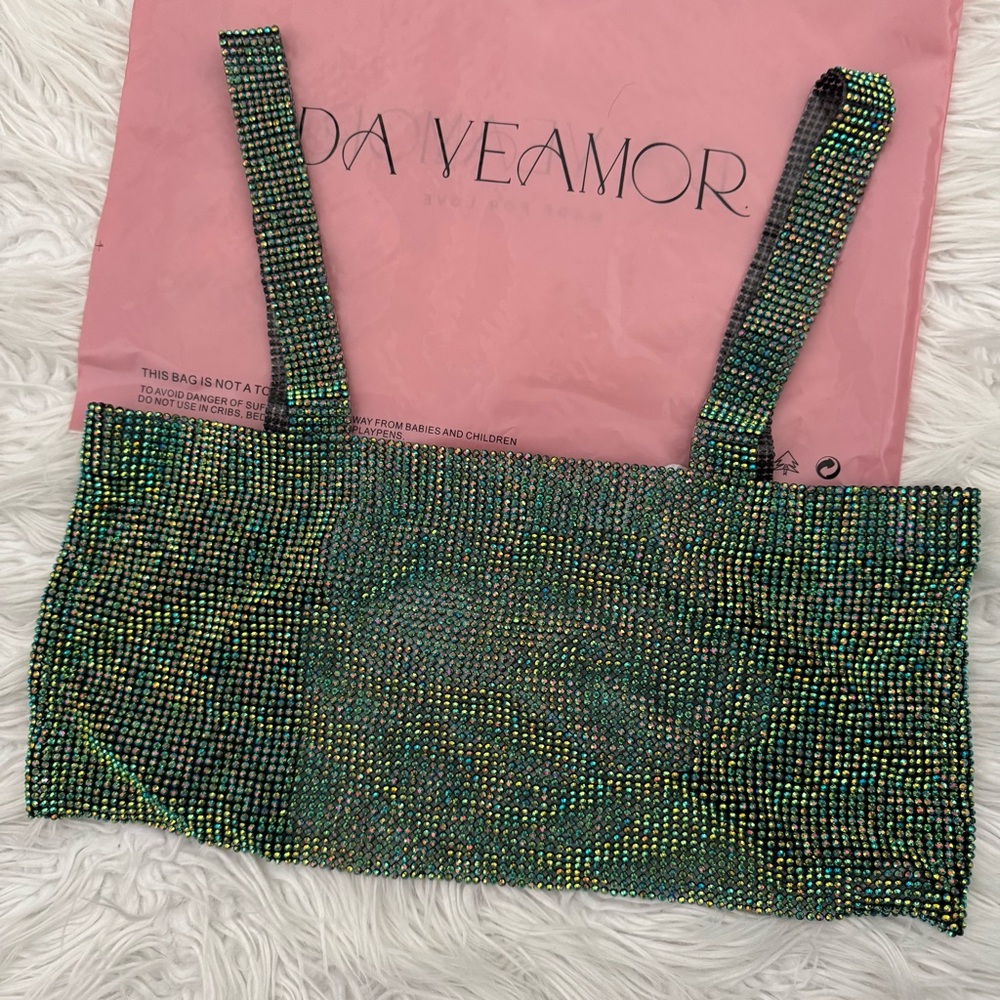 Da Veamor Rhinestone Claral Green open back top with chain detail, OS